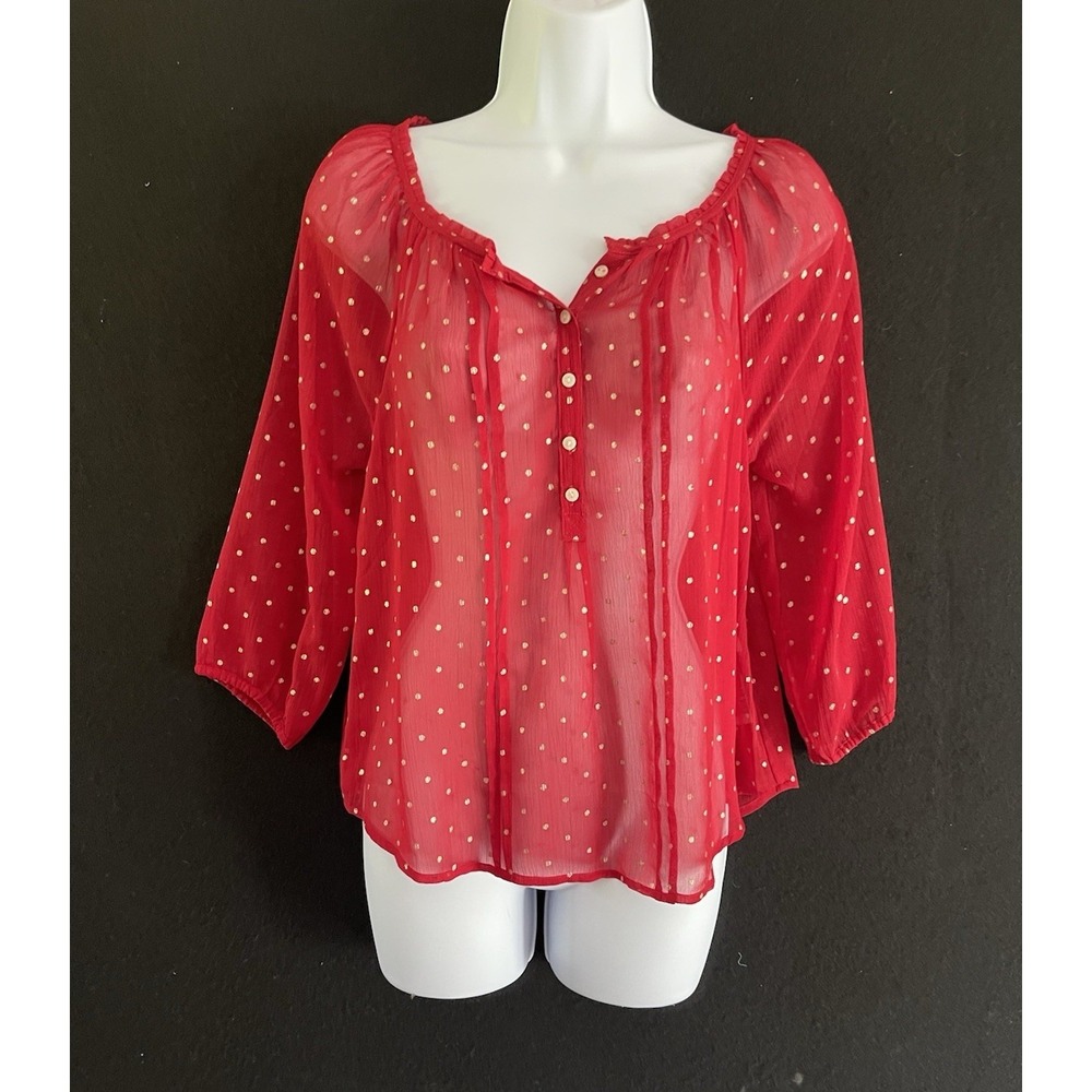 Abercrombie‎ & Fitch Elevated Indie Boho Romantic Peasant Red Polka Dot Shirt XS